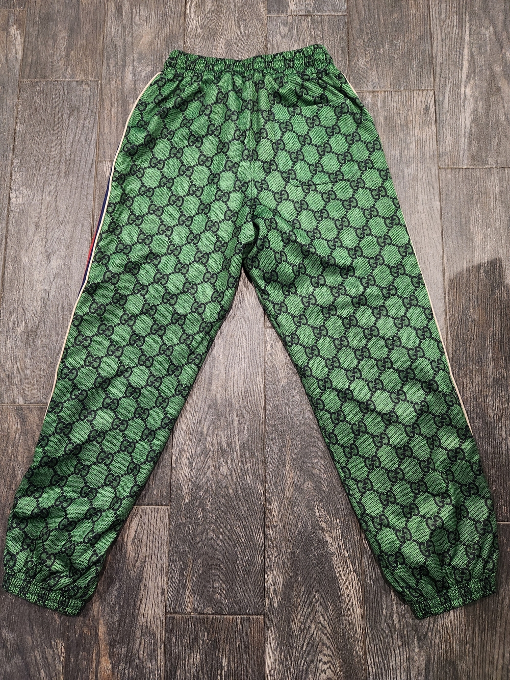 GUCCI Green GG Monogram Track Pants with Red/Blue Side Stripes - Picture 8 of 13